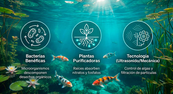 Diagrama esquemático y fotos reales del sistema de filtración biológica y mecánica de una laguna natural
