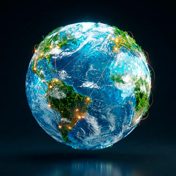 Concepto artístico de un globo terráqueo hecho de agua y naturaleza representando alcance global