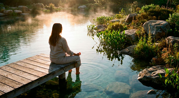 Mujer meditando tranquilamente en un muelle de madera frente a una laguna natural al amanecer