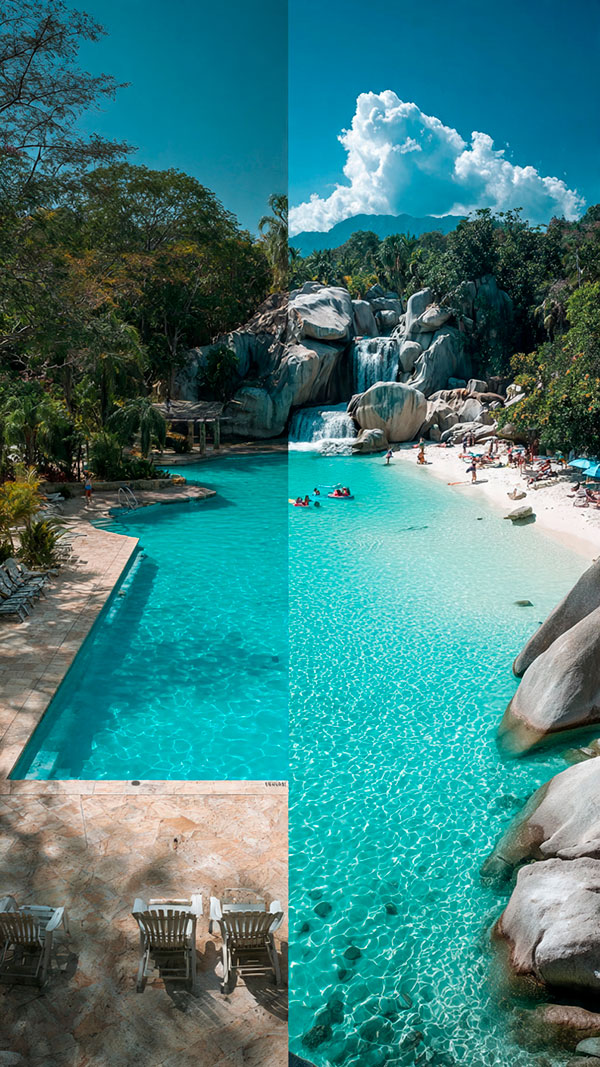 Vista aérea impresionante de una laguna natural residencial de lujo con playa y paisajismo, superando visualmente a cualquier piscina