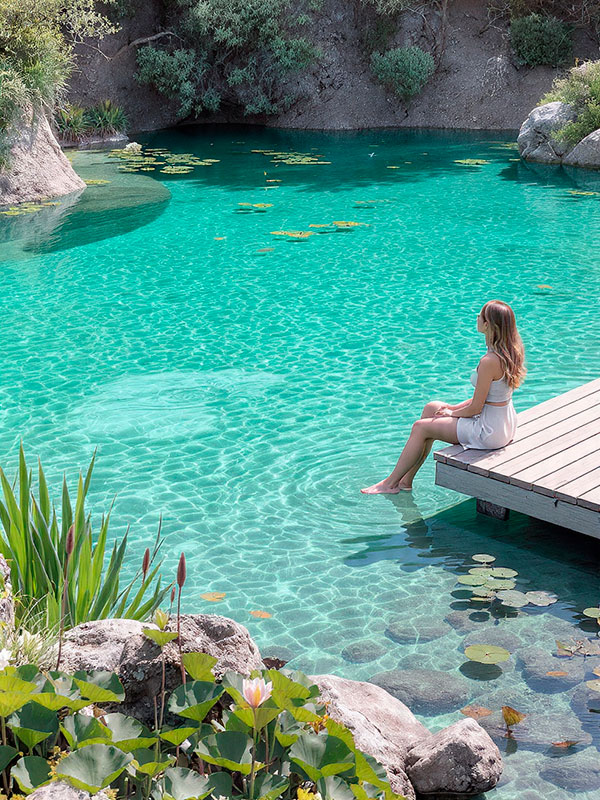 Familia disfrutando dentro de una laguna viva con agua cristalina y vegetación